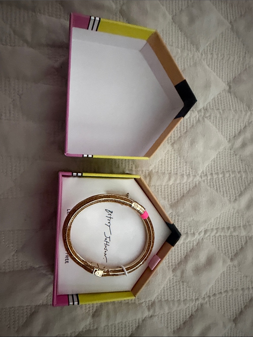 Betsey Johnson Gold Tone Textured Bangle Bracelet with Pink Accent